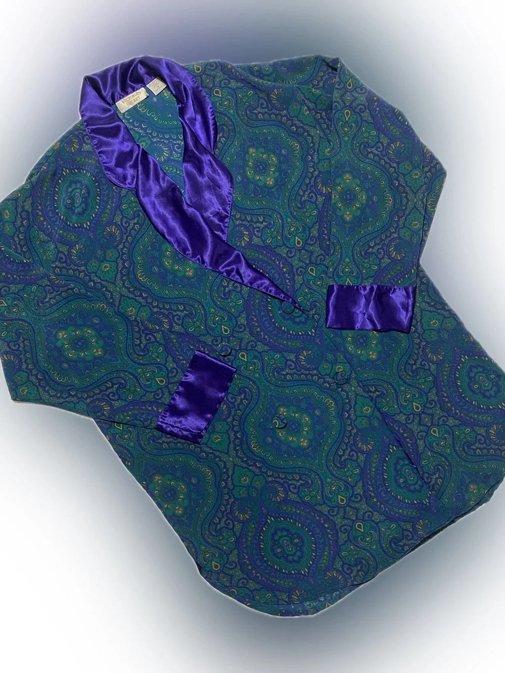 90’s Victoria's Secret gold label Teal & Purple Paisley Satin-Trim Sleep Shirt